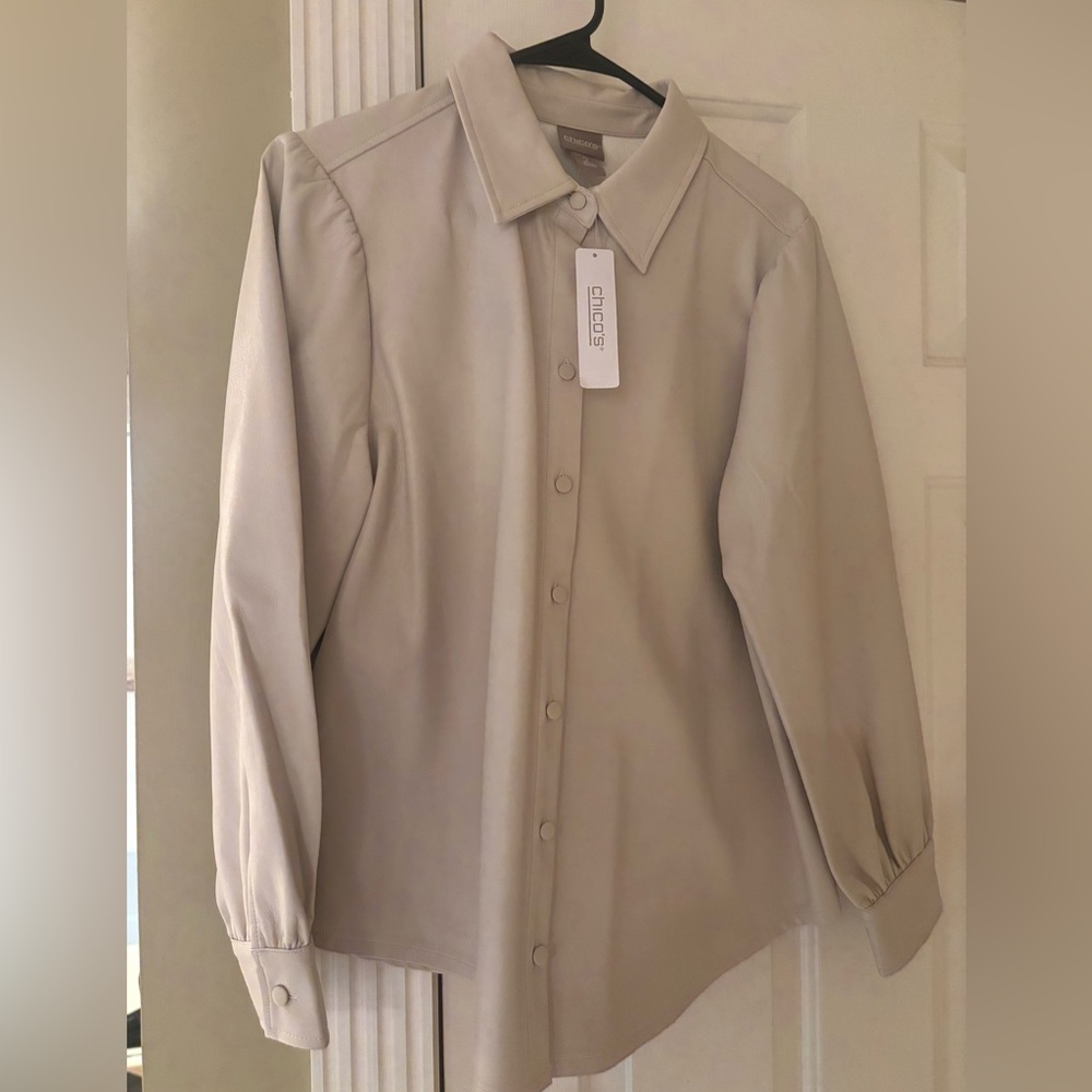 Chico’s Classic Ecru Vegan Leather Button-Up Shirt